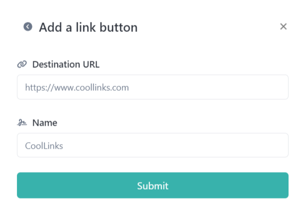 Hook2.us add a link button window. Requests a Destination URL and Name. Below is a Submit button.