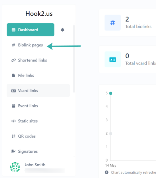 Hook2.us dashboard menu. An arrow points to the Biolink pages link, which is the second link.