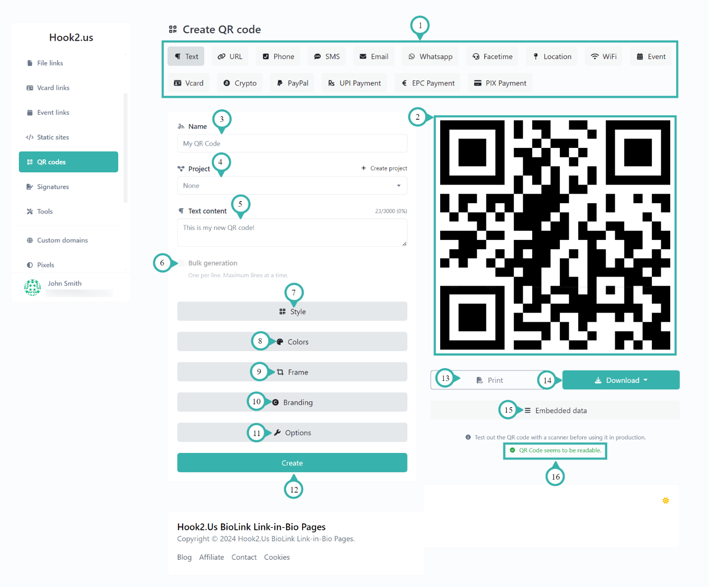 Hook2.us edit QR code page. Details are explained below the image.